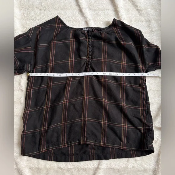 Madewell Shirred Peasant Long Sleeve Half Button Top in Windowpane - True Black - Picture 7 of 9
